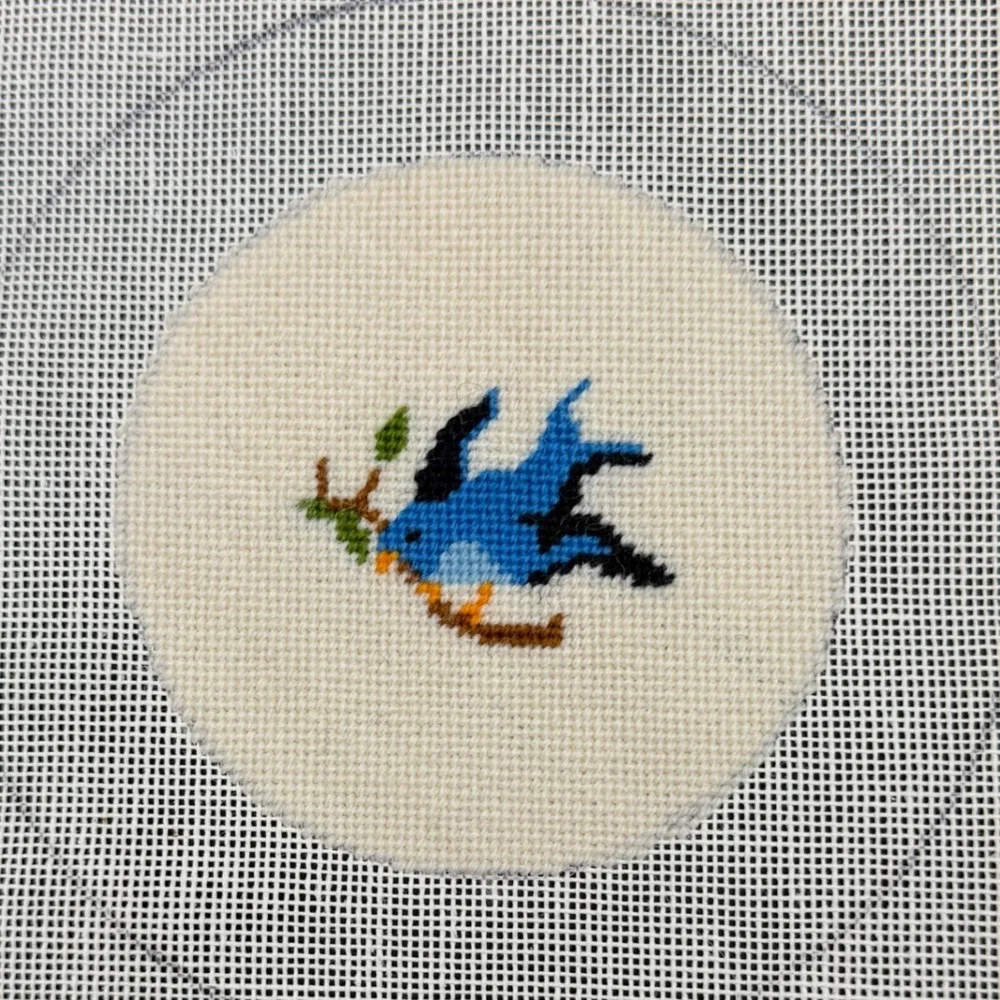 Vintage Needlepoint Bluebird Canvas Art Home Decor Small Blue White Bird Cottage